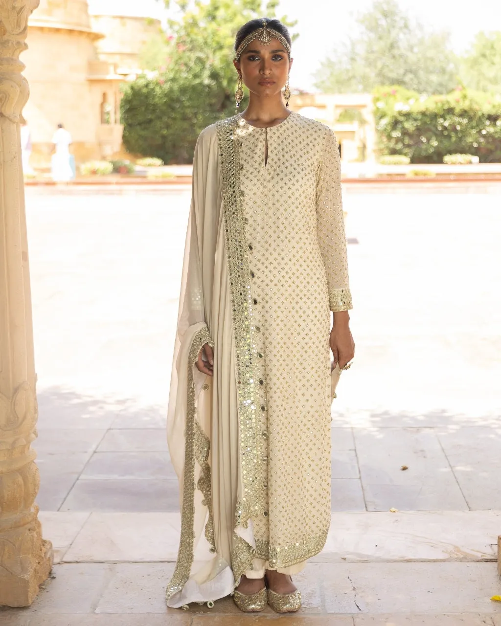 Coconut & Gold Embroidered Kurta Set
