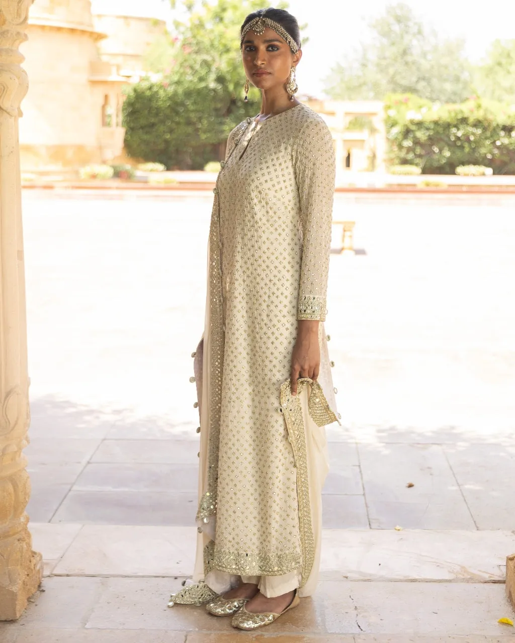Coconut & Gold Embroidered Kurta Set