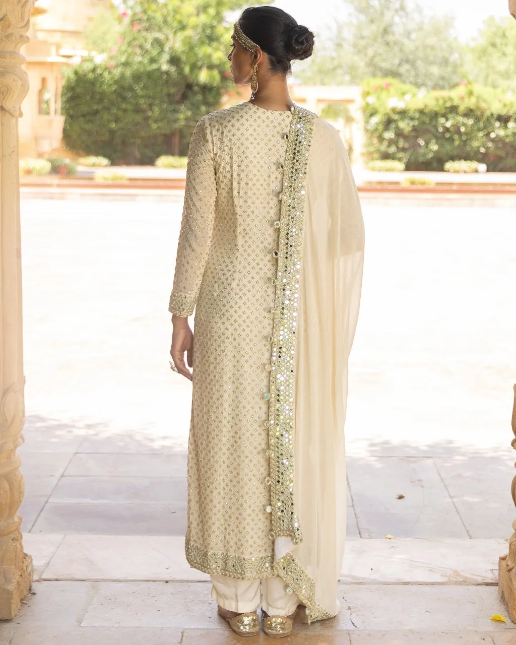 Coconut & Gold Embroidered Kurta Set