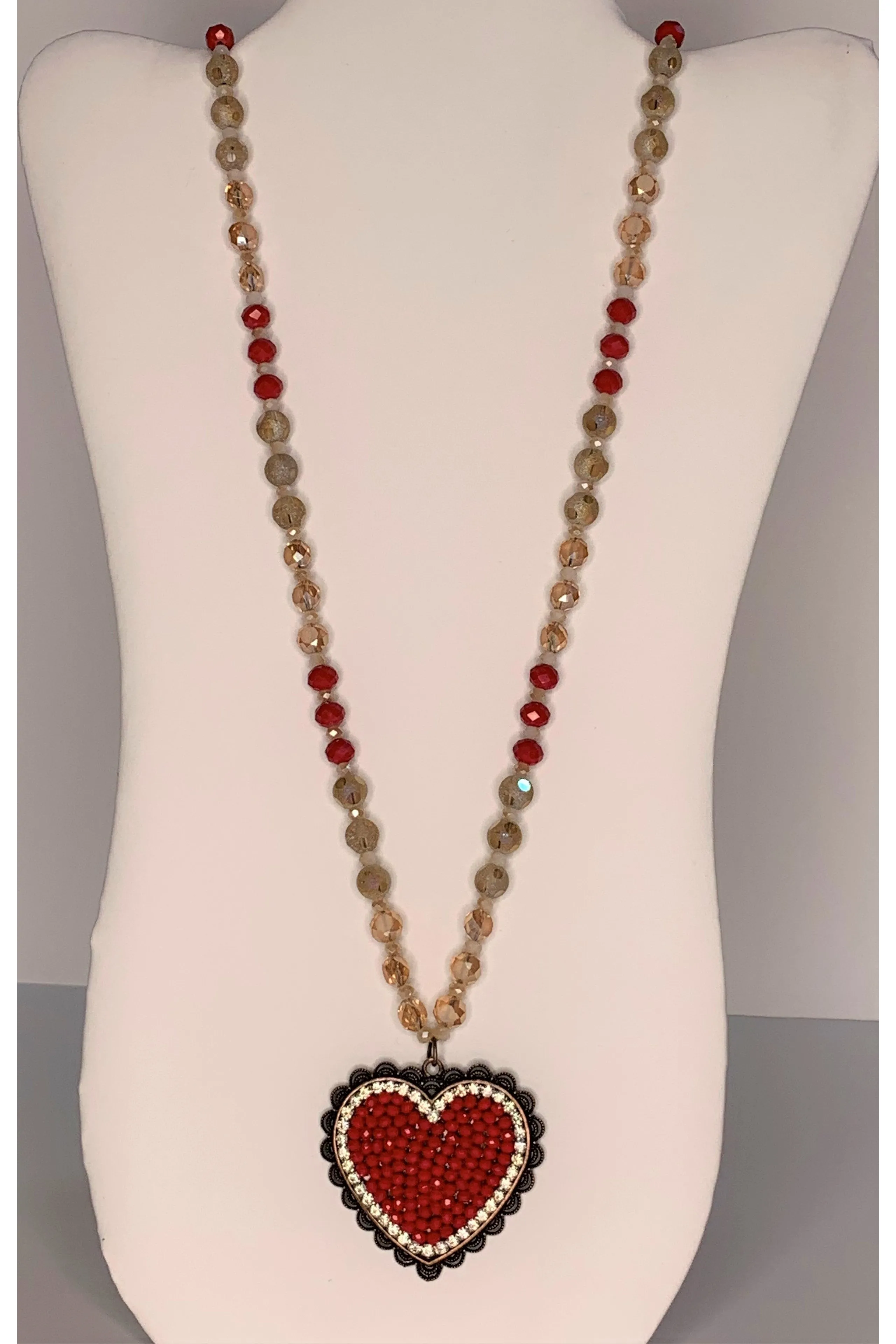 Emma Copper Heart Red And Crystal Rhinestone Necklace With Amber Crystal And Red Beads