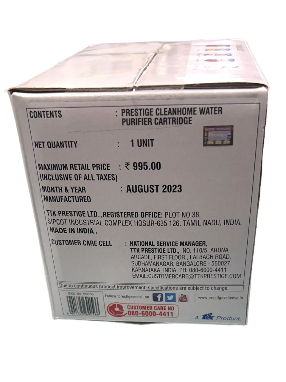 Prestige Water Purifier Cartridge 1500 Liters purification capacity